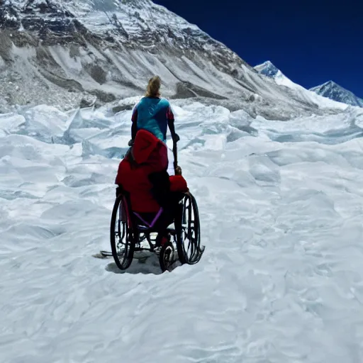 Image similar to blonde lady pushing obese indian woman in a wheelchair up mount everest