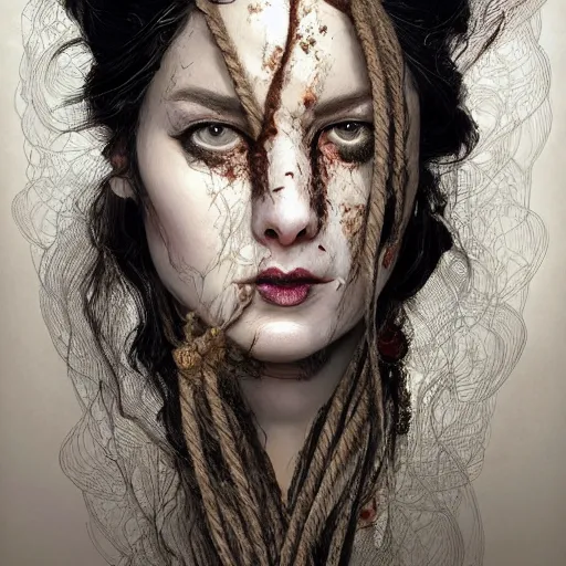 Image similar to portrait of a Shibari rope wrapped face and neck, headshot, insanely nice professional hair style, dramatic hair color, digital painting, of a old 13th century, traveler, amber jewels, baroque, ornate clothing, scifi, realistic, hyperdetailed, chiaroscuro, concept art, art by Franz Hals and Jon Foster and Ayami Kojima and Amano and Karol Bak,