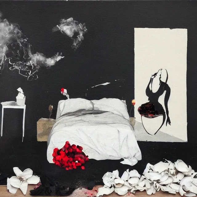 Image similar to bedroom with black walls and a futon, sensual portrait of a woman sleeping, cracked handmade pottery vase, torn paper smouldering smoke, candles, white flowers on the floor, puddle of water, octopus, squashed berries, surrealism, acrylic and spray paint and oilstick on canvas