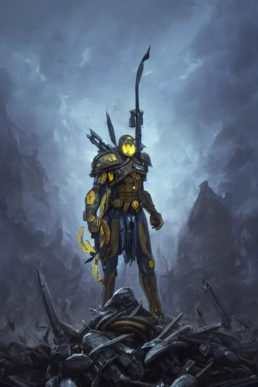 Image similar to a distant shot of a single super soldier with blue and yellow flag and a trident symbol standing alone on a huge pile of skulls as a winner, masculine figure, D&D, fantasy, dark atmosphere, beam of lights through the clouds, intricate, elegant, highly detailed, extremely detailed, digital painting, artstation, concept art, matte, smooth, sharp focus, illustration, art by Artgerm and Greg Rutkowski and Alphonse Mucha