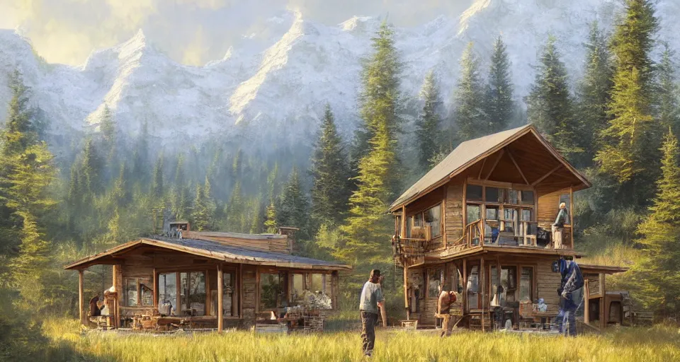 Image similar to cabela's beautiful comfortable modular pop - up insulated all terrain family dwelling, cabin,, person in foreground, mountainous forested wilderness open fields, beautiful views, painterly concept art, joanna gaines, environmental concept art, farmhouse, magnolia, concept art illustration, by james gurney, by craig mullins, by greg rutkowski trending on artstation