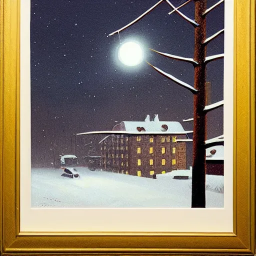 Image similar to painting by Quint Buchholz, atmospheric cozy sovietpunk 8 story tall communal housing in the middle of a severe russian forest at night, sodium lamp illumination, snow falling, night time, night sky, deep night sky, by Quint Buchholz