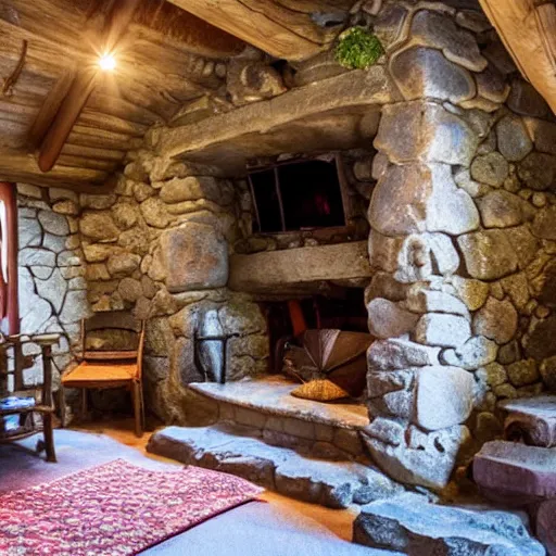 Image similar to photo of interior of fairytale cottage, english and japanese, cozy stone cottage