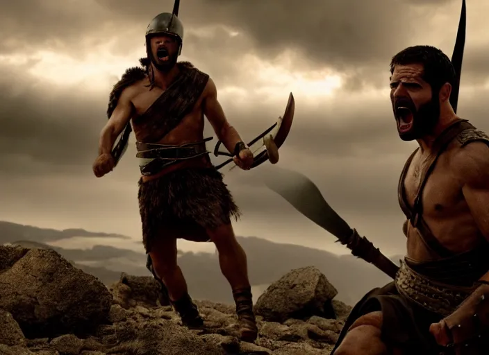 Image similar to cinematic film still of joe biden as leonidas shouting in 3 0 0 movie, 8 k, epic moody sky, dramatic lighting