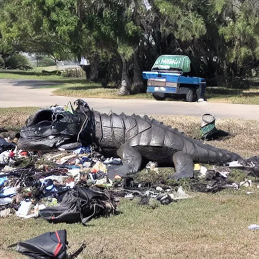 Image similar to one large alligator chained up next to a very large mound of trash, papers, junk, and golf cart parts