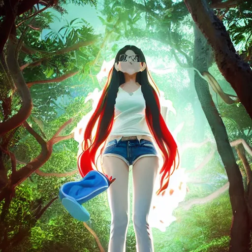 Image similar to nagatoro using white and red tight raglan sleeves, tight blue jeans and cool shoes in a tropical forest, fire hair in flames, artstation, 3 d ray tracing, octane render