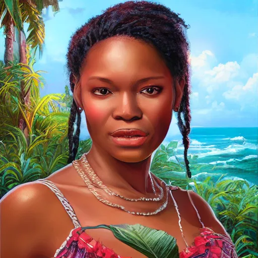 Image similar to portrait of a jamaican woman ( 3 5 ) from jamaica in 2 0 2 1, an oil painting by ross tran and thomas kincade