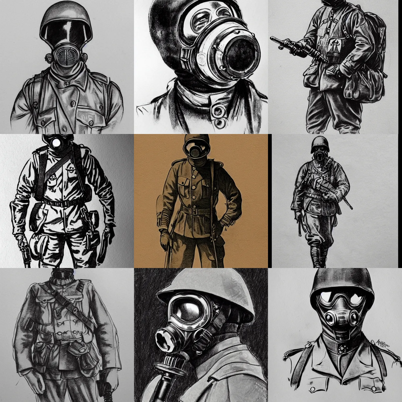 Image similar to beautiful aesthetic inspirational masterful professional ink pen liner sketch of a 1 9 1 0 s ww 1 - era soldier in gas mask, low detailed, trending on artstation, high quality paper