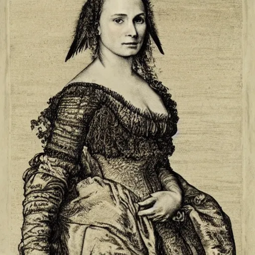 Prompt: portrait of natalie portman in engraving by albrecht durer