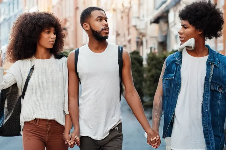 Image similar to Meme of man holding his girlfriends hand, walking down the street, looking over his shoulder to check out another girl, photograph