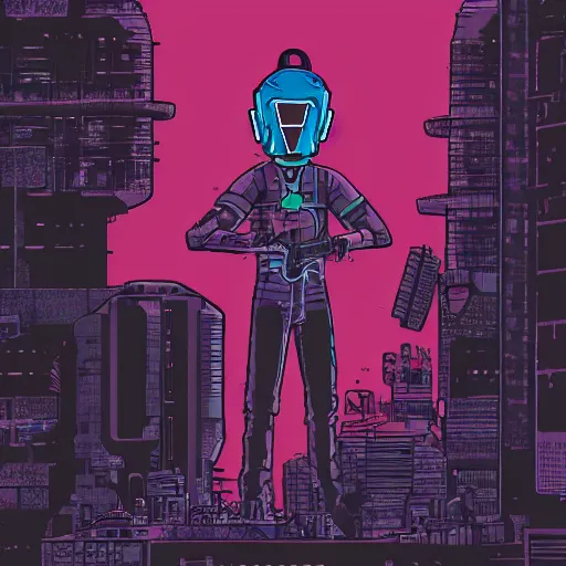 Image similar to in the style of max prentis and deathburger and laurie greasley a young mixed race male explorer wearing a cyberpunk headpiece who is standing on a giant robot head, highly detailed, 8k wallpaper, adventure time colour palette