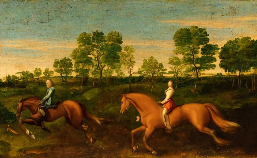 Image similar to a renaissance oil painting of a horse riding on a horse in a green meadow