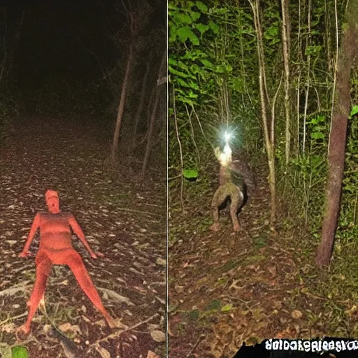 Prompt: creepy lizard person in the woods at night, trail camera