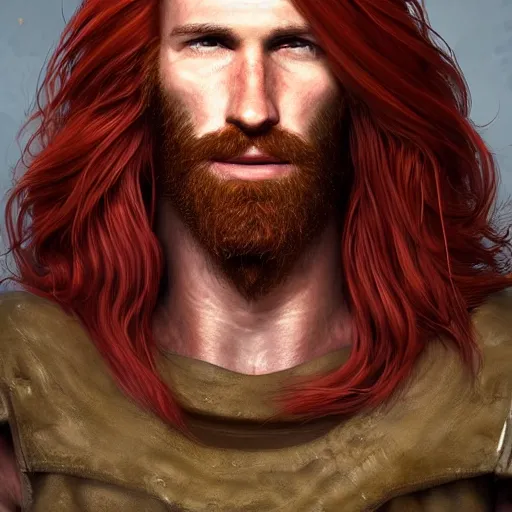 Image similar to portrait of a ruggedly handsome!!!!! male ship captain with long red hair!!!!!!, 30 years old, upper body, wavey hair, muscular, friendly, playful, D&D, hairworks, Unreal 4, fantasy, elegant, highly detailed, digital painting, hairworks, deviantart, artstation, concept art, sharp focus, dramatic lighting, illustration, art by Artgerm and Greg Rutkowski and Alphonse Mucha