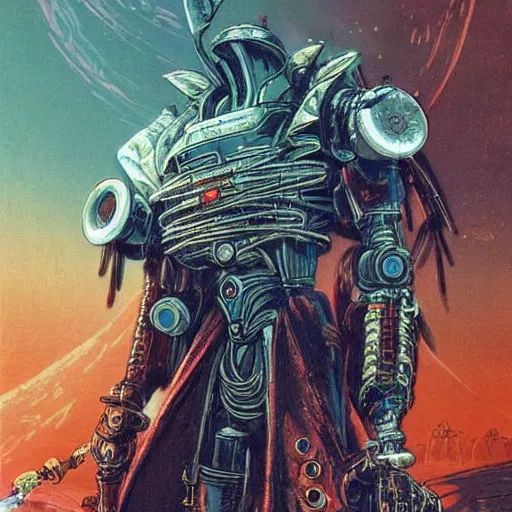 Image similar to a robot hunter from bloodborne on a space yharnam, retrofuturism, faded color, for 1 9 7 0 s'sci - fi, by malcolm smith