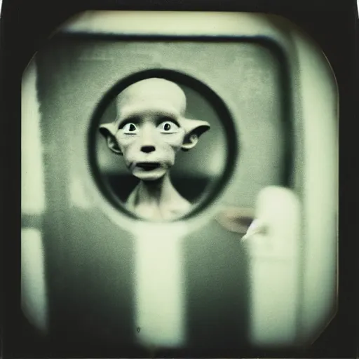 Prompt: aged polaroid photo of a tiny alien in a london subway, gloomy, grainy