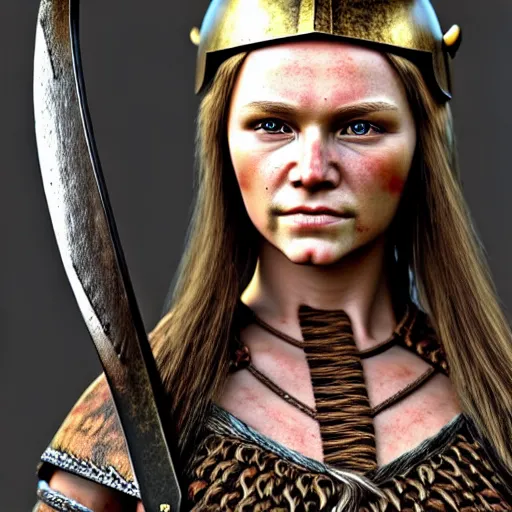 Prompt: a beautiful viking female warrior, realistic, highly detailed.