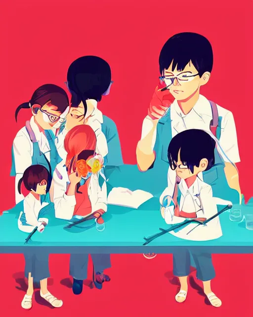 Image similar to children in science lab experiment test tube microscope. clean cel shaded vector art. minimalist illustration art by lois van baarle, artgerm, helen huang by makoto shinkai and ilya kuvshinov, rossdraws