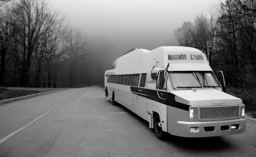 Prompt: exterior traveling greyhound bus circa 2 0 1 5, being john malcovich directed by charlie kaufman ( 2 0 0 1 ), shot with 2 4 mm lens anamorphic lenses, dp hoyte, foggy volumetric light morning, cinematic mood, 3 5 mm kodak film