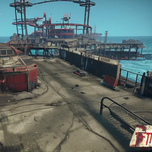 Image similar to Santa Monica Pier in ruins post-nuclear war in Fallout 4, in game screenshot