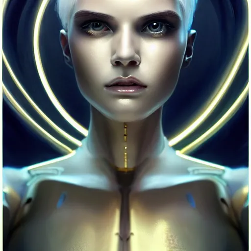 Image similar to futuristic woman android portrait, sci-fi female, striking azure eyes, face, short platinum hair tomboy, cyberpunk femme fatale, intricate, elegant lady with alabaster skin, highly detailed gold filigree, digital painting, artstation, concept art, smooth, sharp focus, illustration, studio photo by artgerm and greg rutkowski and alphonse mucha:3, overexposed, dark, gray, monochrome:-4