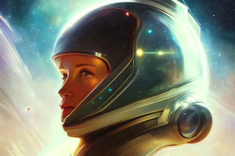 Image similar to Portrait of a Futuristic astronaut reflective visor reflecting a nebula supernova in space, portrait, elegant, intricate, digital painting, artstation, concept art, smooth, sharp focus, illustration, art by artgerm and greg rutkowski and alphonse mucha