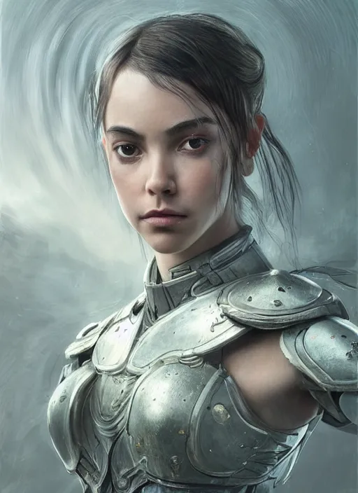 Image similar to a professional portrait of a beautiful young female, clothed in ethereal battle armor, olive skin, long dark hair, beautiful bone structure, symmetrical facial features, intricate, elegant, digital painting, concept art, smooth, sharp focus, finely detailed, illustration, from Valerian and the City of a Thousand Planets, in the style of Ruan Jia and Mandy Jurgens and Artgerm and Greg Rutkowski and William-Adolphe Bouguerea