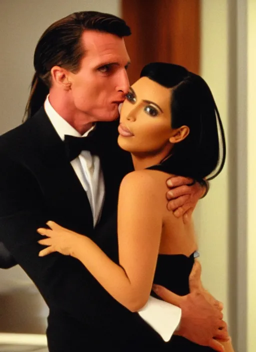 Prompt: film still of kim kardashian hugging Patrick Bateman in American Psycho.