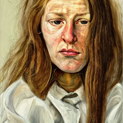 Image similar to high quality high detail painting by lucian freud, hd, long hair confused woman portrait, photorealistic lighting