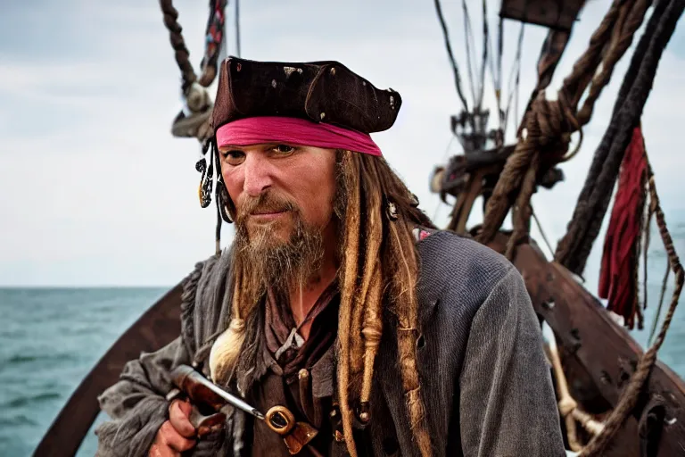 Image similar to closeup old pirate with a flintlock pistol on an old pirate ship, by emmanuel lubezki