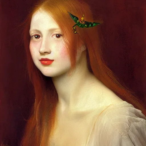 Image similar to portrait of a red haired girl, long hair, green eyes, hint of freckles, beautiful round face, soft amazed smiles, among golden fireflies, highly detailed, deep focus, elegant, digital painting, smooth, sharp focus, golden ratio, illustration, ultra realistic, 8 k, art by artemisia lomi gentileschi and elisabeth vigee le brun