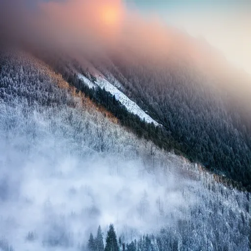 Image similar to tall snowy mountain, realistic, detailed, fog, award winning photo, sunset, 8 k