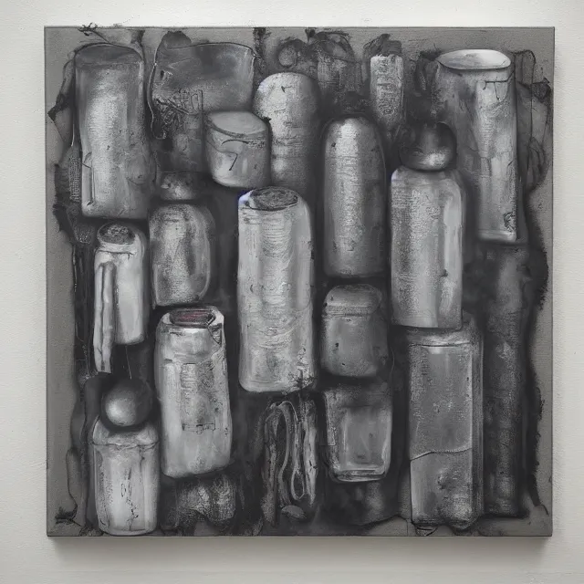 Image similar to grey vegetables, charcoal, fire extinguisher, black burnt cotton, neo - expressionism, surrealism, acrylic and spray paint and oilstick on canvas