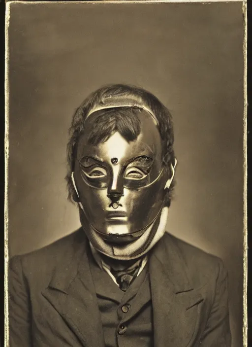 Image similar to photo portrait of 19 century male wearing brutal shiny metal face mask with fine detail engravings and runes cultist lord rich baron by Diane Arbus and Louis Daguerre