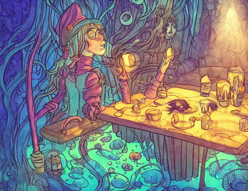 Prompt: witch in an underwater cafe. complementary colors, copic markers, indie concept art, bloom, chiaroscuro, backlighting, intricate details.