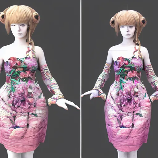 Image similar to highly detailed 3D render portrait young lady dressed in manga, floral renaissance dress