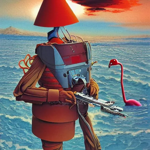 Prompt: a lone Android, wearing a cloth flamingo print bucket hat, by John Harri and Michael Whelan and John Berkey and Robert McCall and Chris Foss and Chris Moore and Vincent Di Fate and Rafał Olbiński and Jim Burns