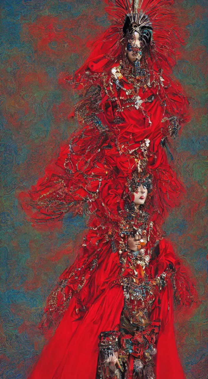 Image similar to a female character design wearing high fashion, beads hanging over her face like an alexander mcqueen headdress, costume by eiko ishioka, haute couture, dior, and a red cape by moebius, steven outram, colourful and psychedelic, hd, 8 k, artstation, high quality, ultra detailed