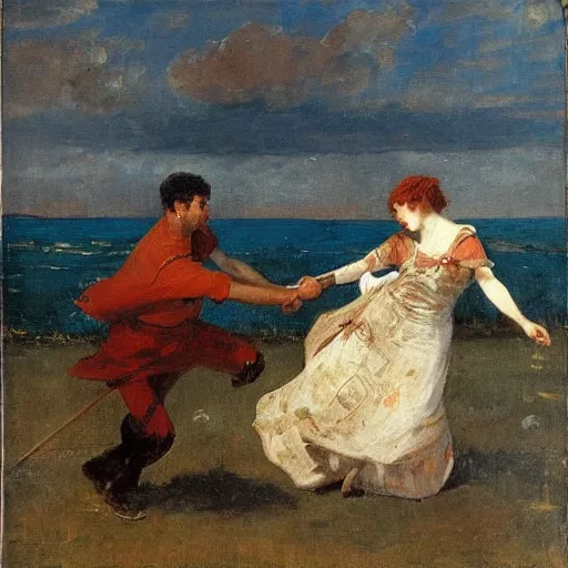 Prompt: man and woman fighting a monster by alfred stevens