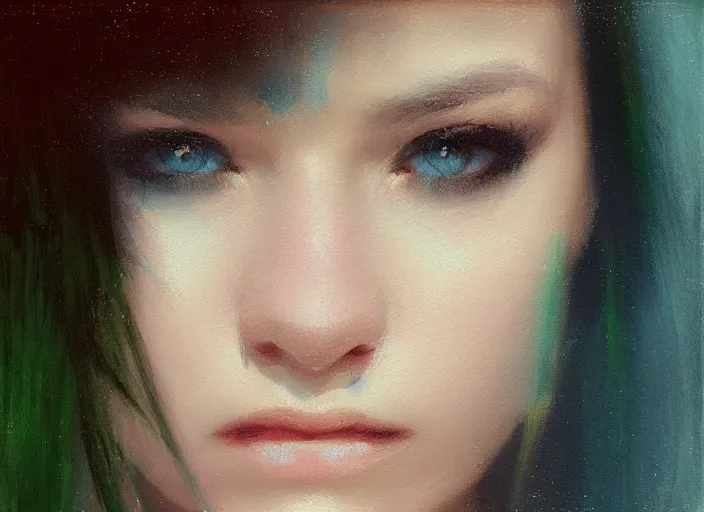Prompt: detailed portrait of a punk girl with green eyes in the city street at night, bokeh, long exposure, painting by jeremy lipking christopher doyle