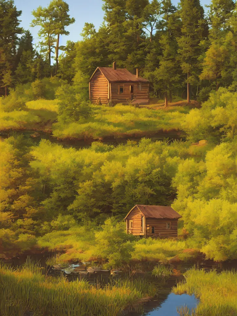 Prompt: an old wooden hikers shack in the woods next to a beautiful small lake, early morning light, spring, birds in the sky, painting by kenton nelson