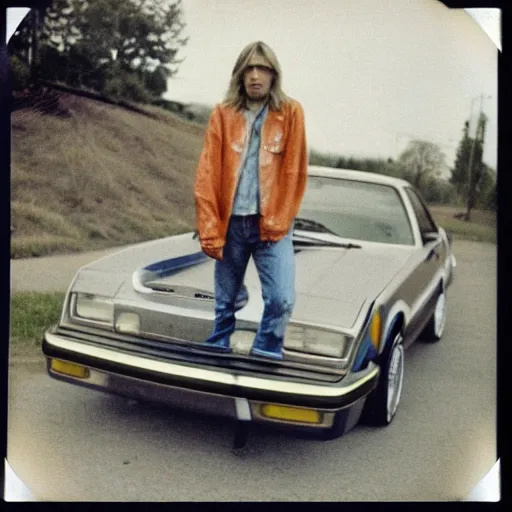 Prompt: vintage polaroid photo of Kurt Cobain next to his Ford Pinto (1987)