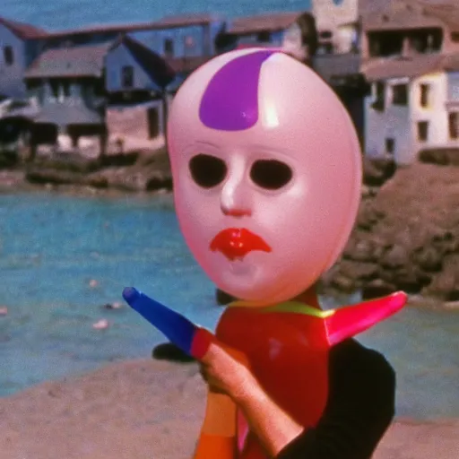 Prompt: 1976 middle aged woman wearing a transluscent inflatable toy head in a small fishing village 1976 French film archival footage technicolor film expired film 16mm Fellini new wave John Waters movie still