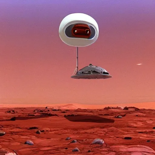 Image similar to a colony on mars by Hayao Miyazaki. a flying vehicle hovering over bright red mars surface