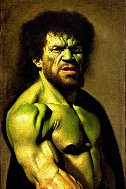 Prompt: high quality celebrity portrait of incredible hulk, painted by the old dutch masters, rembrandt, hieronymous bosch, frans hals, symmetrical detail