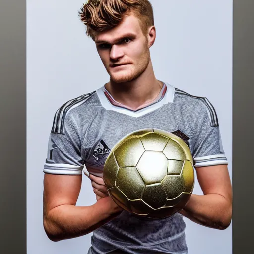 Image similar to a realistic detailed photo of a guy who is an attractive humanoid who is half robot and half humanoid, who is a male android, soccer players martin ødegaard & timo werner, shiny skin, posing like a statue, blank stare, in a living room, on display, showing off his muscles, gold soccer shorts, no jersey, statue, many copies of them