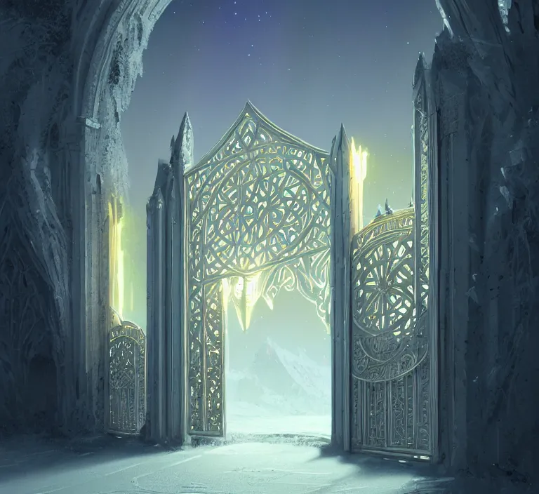 Image similar to a very detailed concept art of intricate and well designed white gates to laplandia, infused with aurora borealis by greg rutkowski, dynamic lighting trending on artstation, symmetry, digital art, 4 k, hyper realistic, octane render, sharp focus