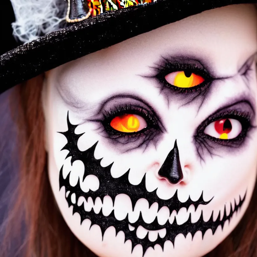 Image similar to an up close macro style photo of a halloween witch cute character face sticker, 4 k, magazine photo, spooky background, 8 k,