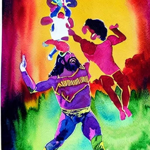 Image similar to watercolour, brightly colored, depicting randy savage hurling a small child into the sky