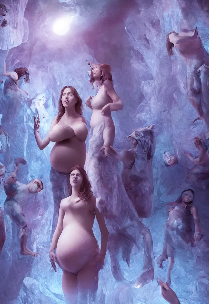 Image similar to epic pregnant woman talking to all her tribe with fluorescence bodies, proud people gather around the pregnant woman, ice cave, facinating, fantasy digital art, octane render, beautiful composition, trending on artstation, award - winning photograph, masterpiece